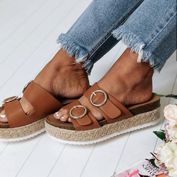 Adjustable Tan Double Buckle Espadrille Platform - Picture 3 of 9